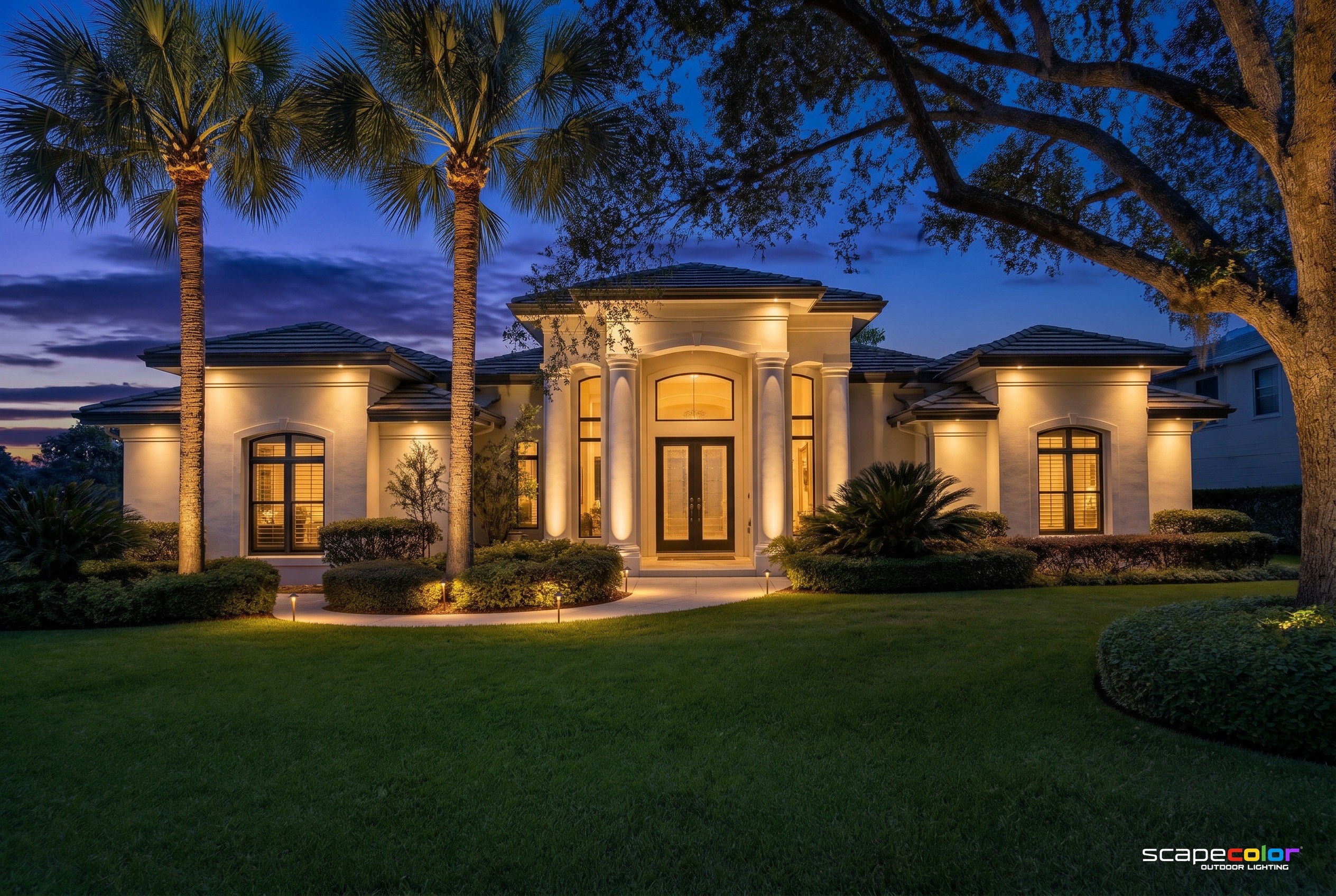Same Jacksonville home at night with full Scape Color landscape lighting